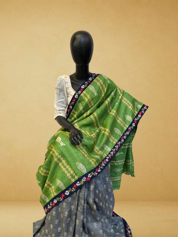 Mohar Blockprint and Kantha blend on Gachhi Tassar Green-1