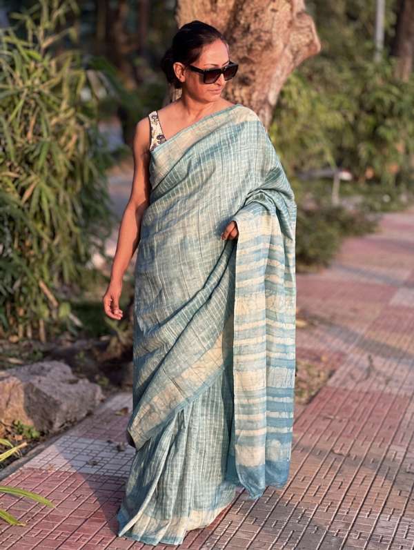 Handloom Tassar Silk Saree – Pastel Blue Dabu Print by Mohar IND (1)